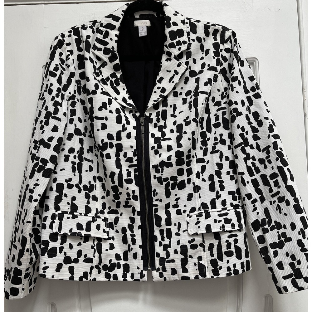 NWOT Chico's‎ 2 Zip Up Jacket Black and White Lined Jacket Cotton Polyester